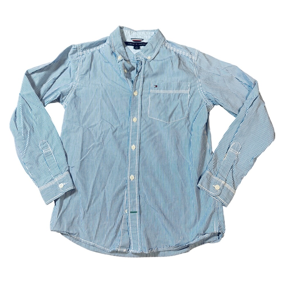 NWOT Tommy Hilfiger Size Medium 12/14 Boy Thin Blue White Stripe Button Up Shirt
